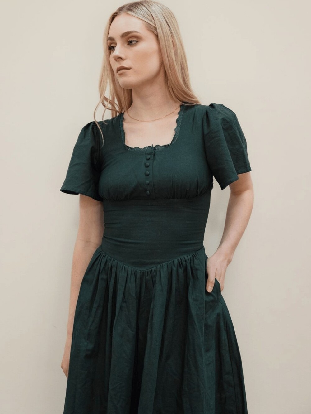 Hymn Dress Forest Dark Green Cotton Poet Dresses Pockets Cottagecore Prariecore